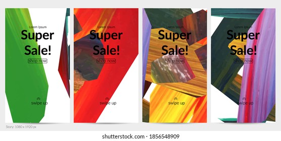 Abstract vector background with colorful bright acrylic textured shapes. Artistic social media post design template. Hand drawn collage art digital paint banner. Universal layout with brush stroke.