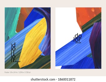 Abstract vector background with colorful bright acrylic textured shapes. Artistic poster design template. Hand drawn collage art digital paint banner. Universal layout with brush stroke splash.