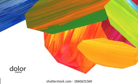 Abstract vector background with colorful bright acrylic textured shapes. Artistic cover design template. Hand drawn collage art digital paint wallpaper. Universal layout with brush stroke elements.