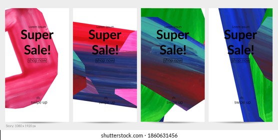 Abstract vector background with colorful bright acrylic textured shapes. Artistic social media post design template. Hand drawn collage art digital paint banner. Universal layout with brush stroke.
