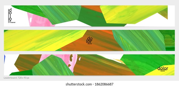 Abstract vector background with colorful bright acrylic textured shapes. Artistic leaderboard design template. Hand drawn collage art digital paint banner. Universal layout with brush stroke splash.