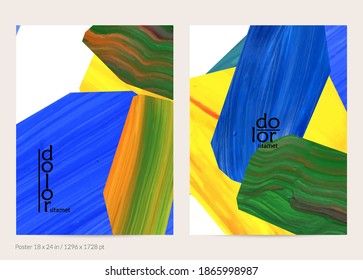 Abstract vector background with colorful bright acrylic textured shapes. Artistic poster design template. Hand drawn collage art digital paint banner. Universal layout with brush stroke splash.