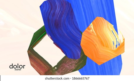 Abstract vector background with colorful bright acrylic textured shapes. Artistic cover design template. Hand drawn collage art digital paint wallpaper. Universal layout with brush stroke elements.