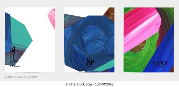 Abstract vector background with colorful bright acrylic textured shapes. Artistic flyer design template. Hand drawn collage art digital paint. Universal layout with brush stroke splashes.