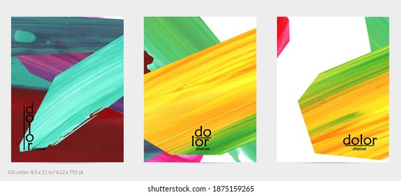 Abstract vector background with colorful bright acrylic textured shapes. Artistic flyer design template. Hand drawn collage art digital paint. Universal layout with brush stroke splashes.