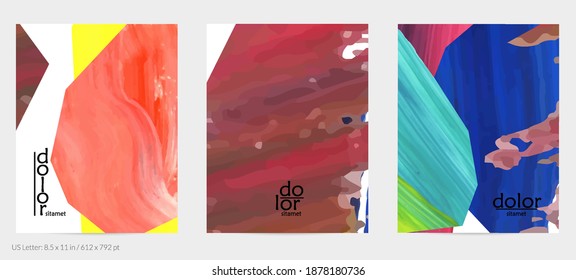 Abstract vector background with colorful bright acrylic textured shapes. Artistic flyer design template. Hand drawn collage art digital paint. Universal layout with brush stroke splashes.