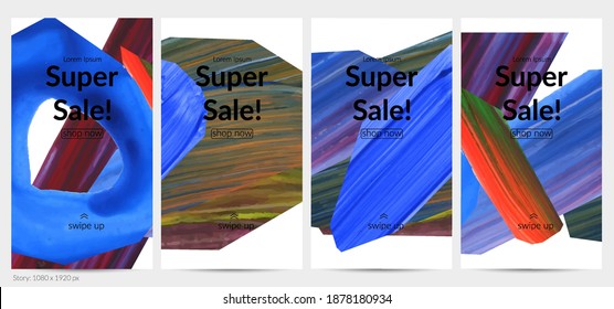 Abstract vector background with colorful bright acrylic textured shapes. Artistic social media post design template. Hand drawn collage art digital paint banner. Universal layout with brush stroke.
