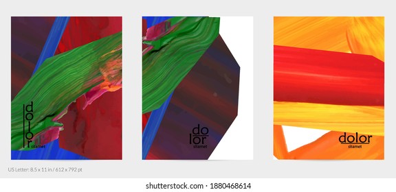 Abstract vector background with colorful bright acrylic textured shapes. Artistic flyer design template. Hand drawn collage art digital paint. Universal layout with brush stroke splashes.
