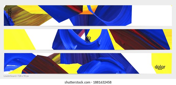 Abstract vector background with colorful bright acrylic textured shapes. Artistic leaderboard design template. Hand drawn collage art digital paint banner. Universal layout with brush stroke splash.