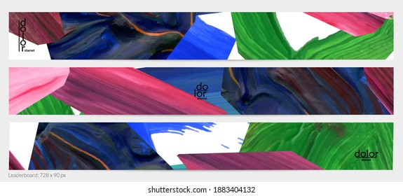 Abstract vector background with colorful bright acrylic textured shapes. Artistic leaderboard design template. Hand drawn collage art digital paint banner. Universal layout with brush stroke splash.