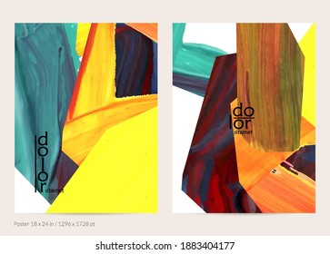 Abstract vector background with colorful bright acrylic textured shapes. Artistic poster design template. Hand drawn collage art digital paint banner. Universal layout with brush stroke splash.