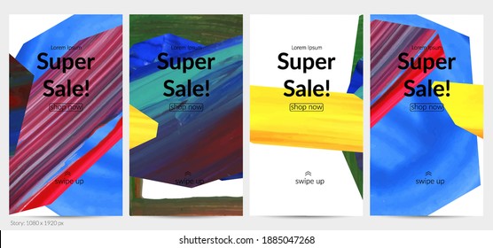 Abstract vector background with colorful bright acrylic textured shapes. Artistic social media post design template. Hand drawn collage art digital paint banner. Universal layout with brush stroke.