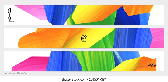 Abstract vector background with colorful bright acrylic textured shapes. Artistic leaderboard design template. Hand drawn collage art digital paint banner. Universal layout with brush stroke splash.