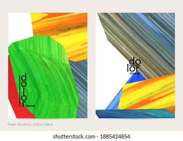 Abstract vector background with colorful bright acrylic textured shapes. Artistic poster design template. Hand drawn collage art digital paint banner. Universal layout with brush stroke splash.