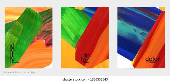 Abstract vector background with colorful bright acrylic textured shapes. Artistic flyer design template. Hand drawn collage art digital paint. Universal layout with brush stroke splashes.
