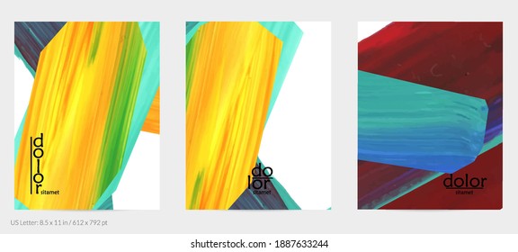 Abstract vector background with colorful bright acrylic textured shapes. Artistic flyer design template. Hand drawn collage art digital paint. Universal layout with brush stroke splashes.