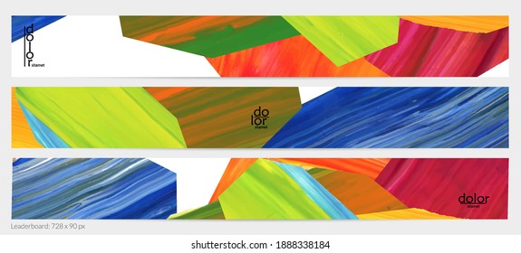 Abstract vector background with colorful bright acrylic textured shapes. Artistic leaderboard design template. Hand drawn collage art digital paint banner. Universal layout with brush stroke splash.
