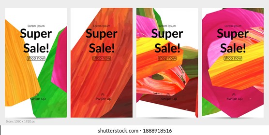 Abstract vector background with colorful bright acrylic textured shapes. Artistic social media post design template. Hand drawn collage art digital paint banner. Universal layout with brush stroke.