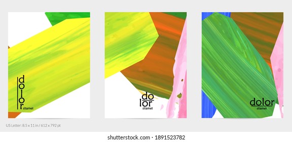 Abstract vector background with colorful bright acrylic textured shapes. Artistic flyer design template. Hand drawn collage art digital paint. Universal layout with brush stroke splashes.
