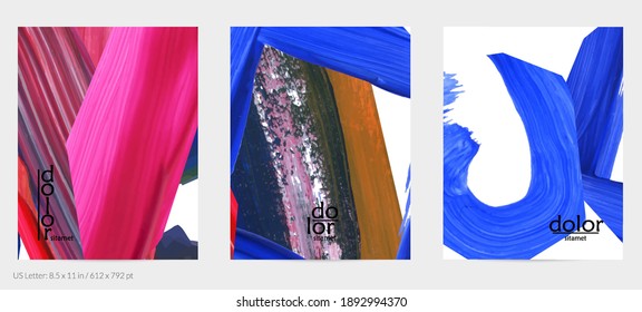 Abstract vector background with colorful bright acrylic textured shapes. Artistic flyer design template. Hand drawn collage art digital paint. Universal layout with brush stroke splashes.