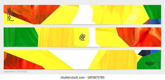 Abstract vector background with colorful bright acrylic textured shapes. Artistic leaderboard design template. Hand drawn collage art digital paint banner. Universal layout with brush stroke splash.
