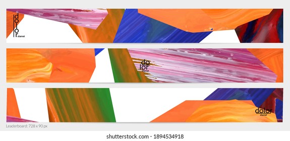 Abstract vector background with colorful bright acrylic textured shapes. Artistic leaderboard design template. Hand drawn collage art digital paint banner. Universal layout with brush stroke splash.