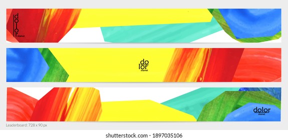 Abstract vector background with colorful bright acrylic textured shapes. Artistic leaderboard design template. Hand drawn collage art digital paint banner. Universal layout with brush stroke splash.