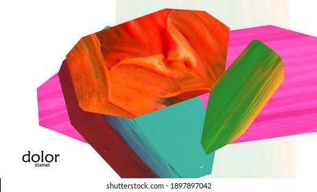 Abstract vector background with colorful bright acrylic textured shapes. Artistic cover design template. Hand drawn collage art digital paint wallpaper. Universal layout with brush stroke elements.