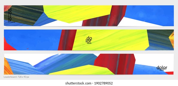 Abstract vector background with colorful bright acrylic textured shapes. Artistic leaderboard design template. Hand drawn collage art digital paint banner. Universal layout with brush stroke splash.