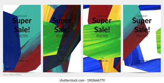 Abstract vector background with colorful bright acrylic textured shapes. Artistic social media post design template. Hand drawn collage art digital paint banner. Universal layout with brush stroke.