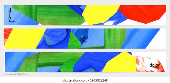 Abstract vector background with colorful bright acrylic textured shapes. Artistic leaderboard design template. Hand drawn collage art digital paint banner. Universal layout with brush stroke splash.
