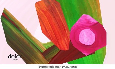 Abstract vector background with colorful bright acrylic textured shapes. Artistic cover design template. Hand drawn collage art digital paint wallpaper. Universal layout with brush stroke elements.