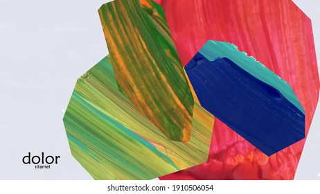 Abstract vector background with colorful bright acrylic textured shapes. Artistic cover design template. Hand drawn collage art digital paint wallpaper. Universal layout with brush stroke elements.
