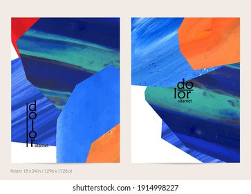 Abstract vector background with colorful bright acrylic textured shapes. Artistic poster design template. Hand drawn collage art digital paint banner. Universal layout with brush stroke splash.