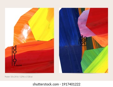 Abstract vector background with colorful bright acrylic textured shapes. Artistic poster design template. Hand drawn collage art digital paint banner. Universal layout with brush stroke splash.