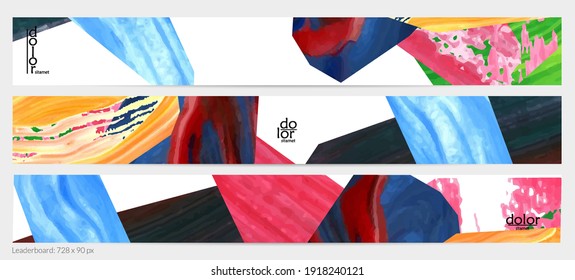 Abstract vector background with colorful bright acrylic textured shapes. Artistic leaderboard design template. Hand drawn collage art digital paint banner. Universal layout with brush stroke splash.