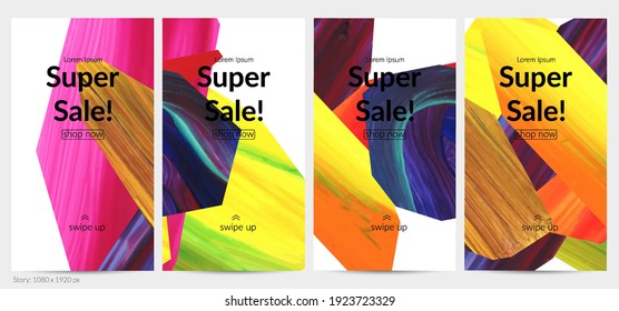 Abstract vector background with colorful bright acrylic textured shapes. Artistic social media post design template. Hand drawn collage art digital paint banner. Universal layout with brush stroke.