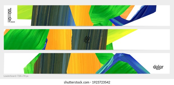 Abstract vector background with colorful bright acrylic textured shapes. Artistic leaderboard design template. Hand drawn collage art digital paint banner. Universal layout with brush stroke splash.