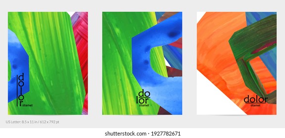 Abstract vector background with colorful bright acrylic textured shapes. Artistic flyer design template. Hand drawn collage art digital paint. Universal layout with brush stroke splashes.