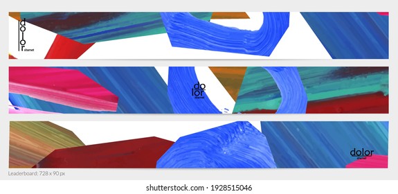 Abstract vector background with colorful bright acrylic textured shapes. Artistic leaderboard design template. Hand drawn collage art digital paint banner. Universal layout with brush stroke splash.