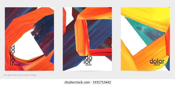 Abstract vector background with colorful bright acrylic textured shapes. Artistic flyer design template. Hand drawn collage art digital paint. Universal layout with brush stroke splashes.