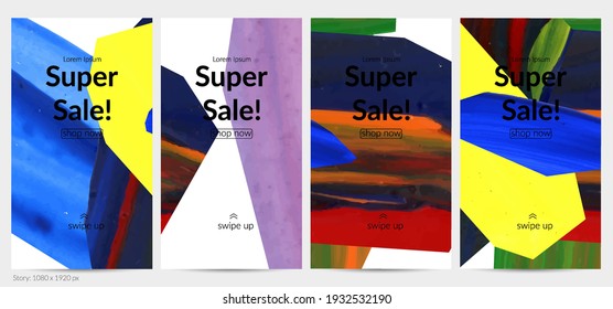 Abstract vector background with colorful bright acrylic textured shapes. Artistic social media post design template. Hand drawn collage art digital paint banner. Universal layout with brush stroke.