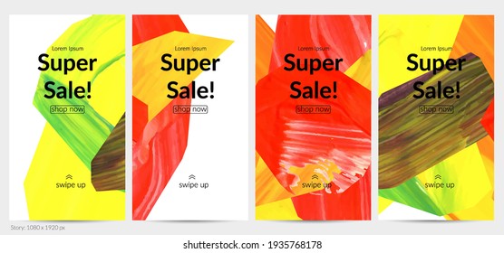 Abstract vector background with colorful bright acrylic textured shapes. Artistic social media post design template. Hand drawn collage art digital paint banner. Universal layout with brush stroke.