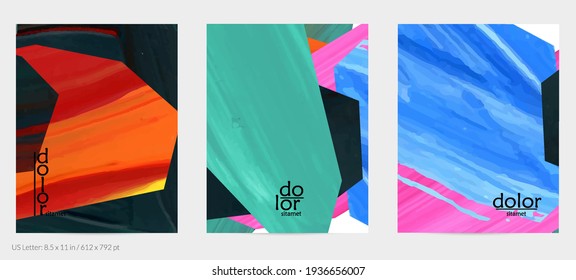 Abstract vector background with colorful bright acrylic textured shapes. Artistic flyer design template. Hand drawn collage art digital paint. Universal layout with brush stroke splashes.