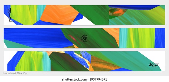 Abstract vector background with colorful bright acrylic textured shapes. Artistic leaderboard design template. Hand drawn collage art digital paint banner. Universal layout with brush stroke splash.