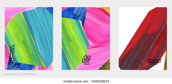 Resumen de fondo vectorial con coloridas formas acrílicas brillantes texturadas. Plantilla de diseño de volante artístico. Pintura digital de arte de collage dibujada a mano. Diseño universal con salpicaduras de pincel.
