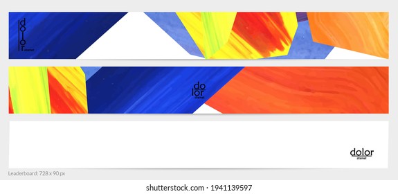 Abstract vector background with colorful bright acrylic textured shapes. Artistic leaderboard design template. Hand drawn collage art digital paint banner. Universal layout with brush stroke splash.