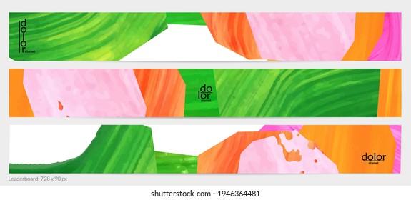 Abstract vector background with colorful bright acrylic textured shapes. Artistic leaderboard design template. Hand drawn collage art digital paint banner. Universal layout with brush stroke splash.