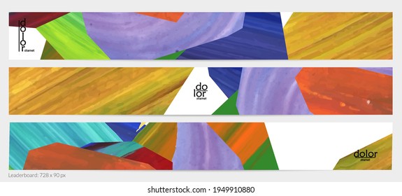 Abstract vector background with colorful bright acrylic textured shapes. Artistic leaderboard design template. Hand drawn collage art digital paint banner. Universal layout with brush stroke splash.