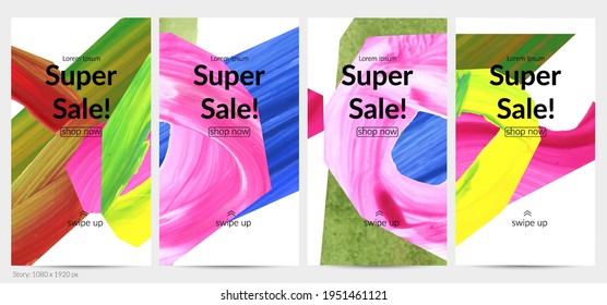 Abstract vector background with colorful bright acrylic textured shapes. Artistic social media post design template. Hand drawn collage art digital paint banner. Universal layout with brush stroke.